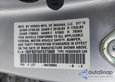 2015 Honda Civic Lx из США, поврежденный, VIN 19XFB2F5XFE273689